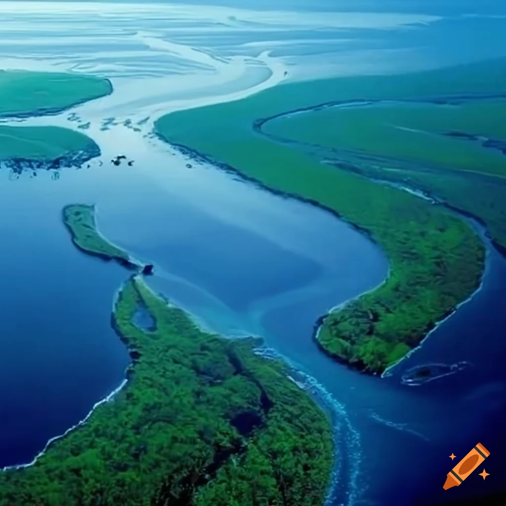 Network of meandering waterways merging into a fanshaped delta on Craiyon
