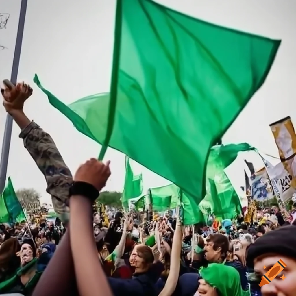 Political Rally Flags Joyful crowd holding green flags at a political rally on Craiyon