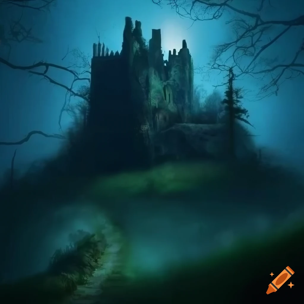 Abandoned castle on a hill behind a forest on a full moon night on Craiyon