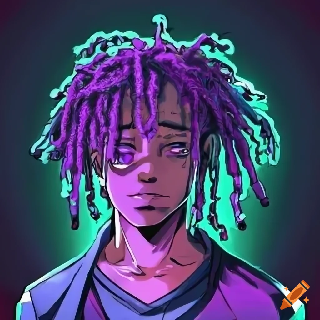 Intelligent young man with purple locs deep in thought in manga style