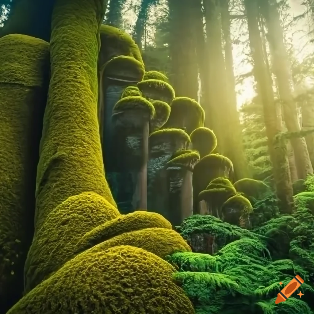 Biomorphic tower trees covered in moss in a fern forest with a sunset ...