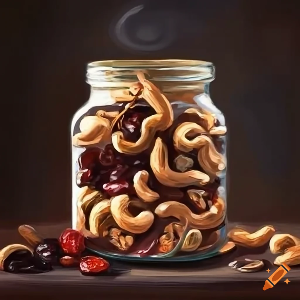Scrumptious trail mix with almonds, cashews, chocolate, and cherries in a glass jar