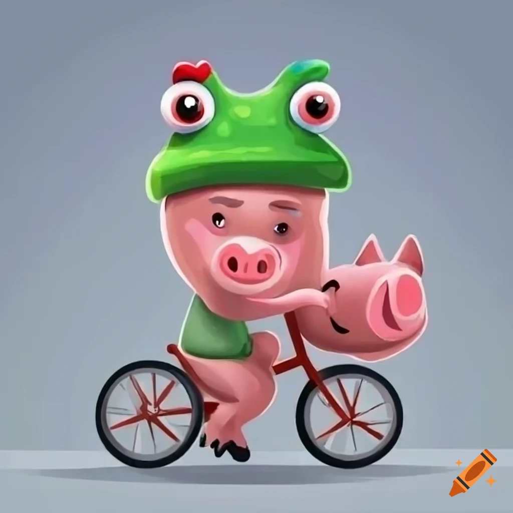 Cartoon pig in a frog hat riding a bike