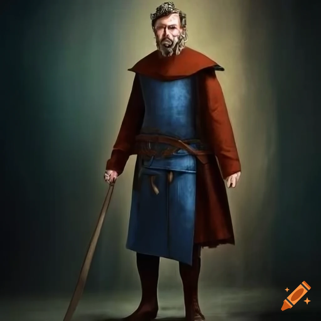 Medieval magician with blue doublet and staff