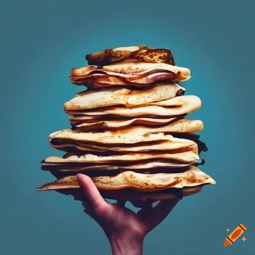 Person on a mountain bike holding a stack of crepes