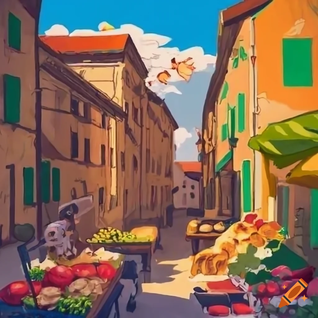 Artistic depiction of a lively Croatian Mediterranean marketplace with vibrant produce and stone houses
