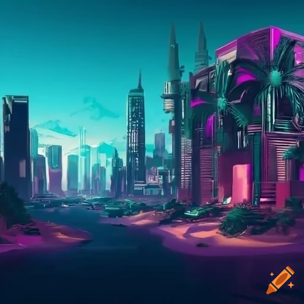 Futuristic cyberpunk desert city oasis with palm trees on Craiyon