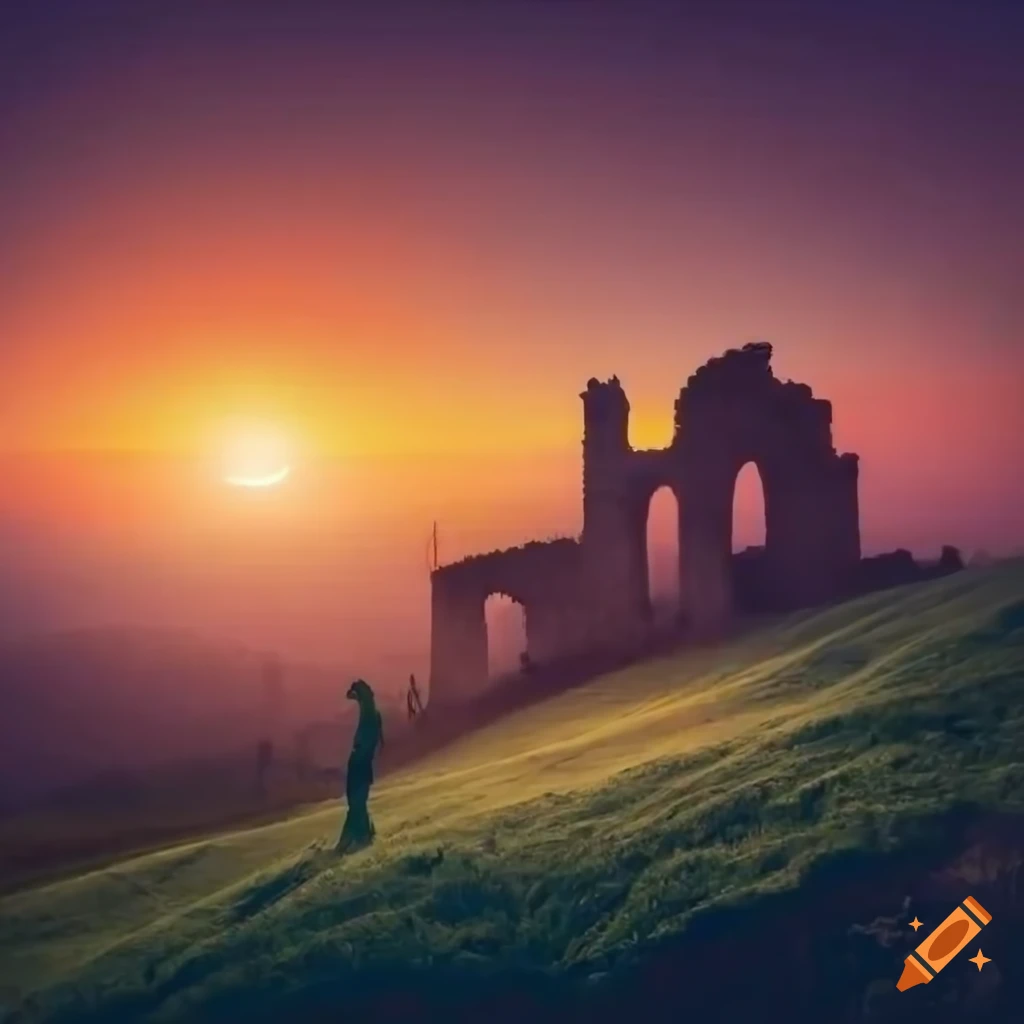 Orpheus and Eurydice on a Tuscan hill with ancient Roman ruins under a sunset