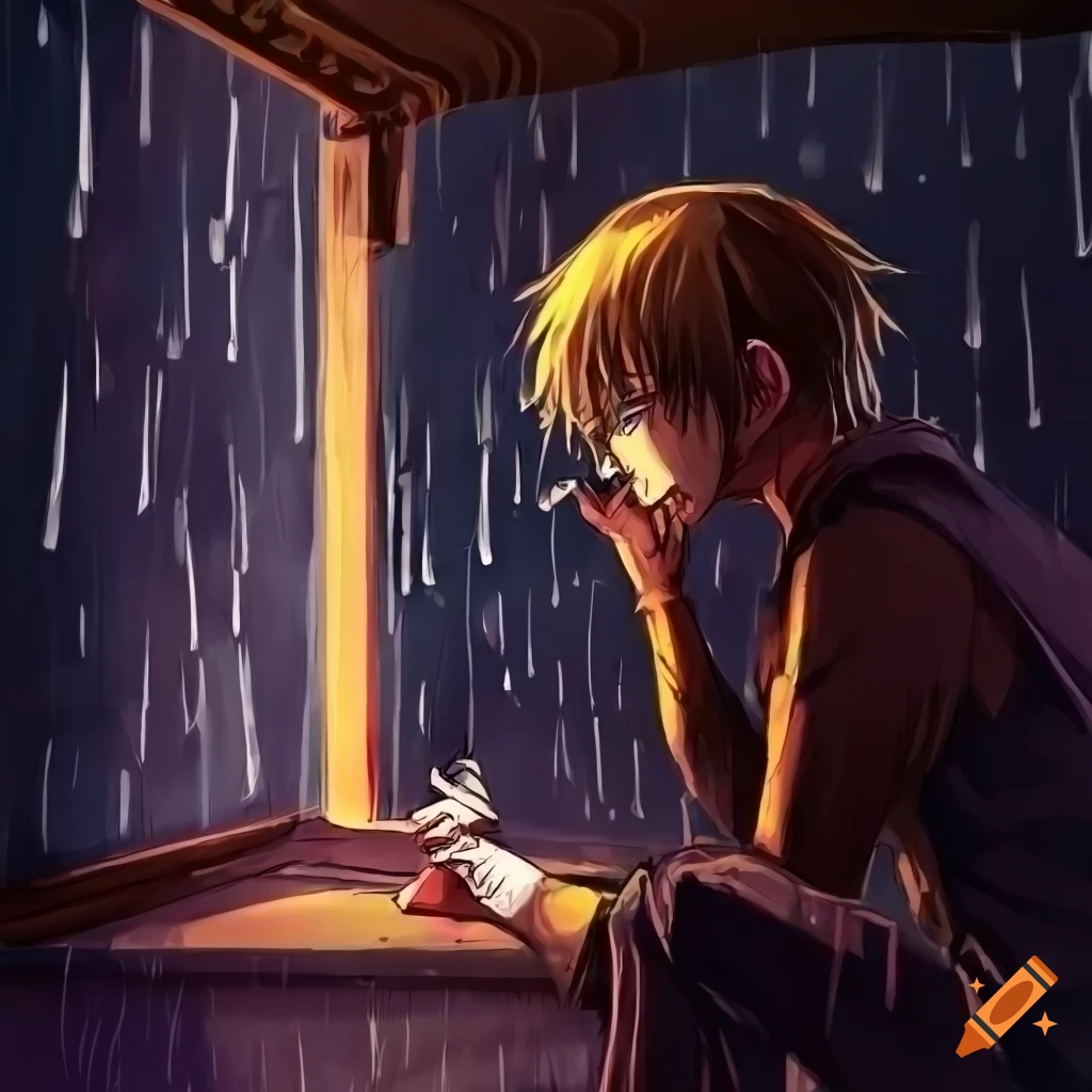 anime man smoking cigarette Man taking shelter under bridge in the rain, smoking a cigarette on Craiyon