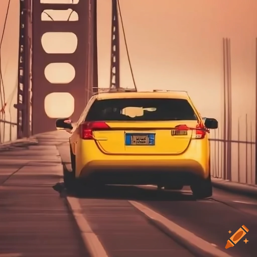 Yellow car speeding on the San Francisco Bridge from a rear perspective