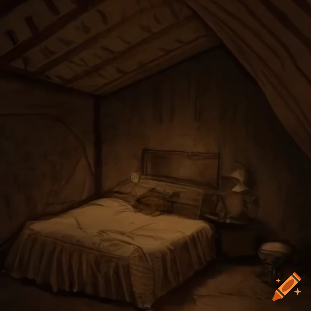 Cosy antique one person bed in small room with cardboard boxes, nighttime