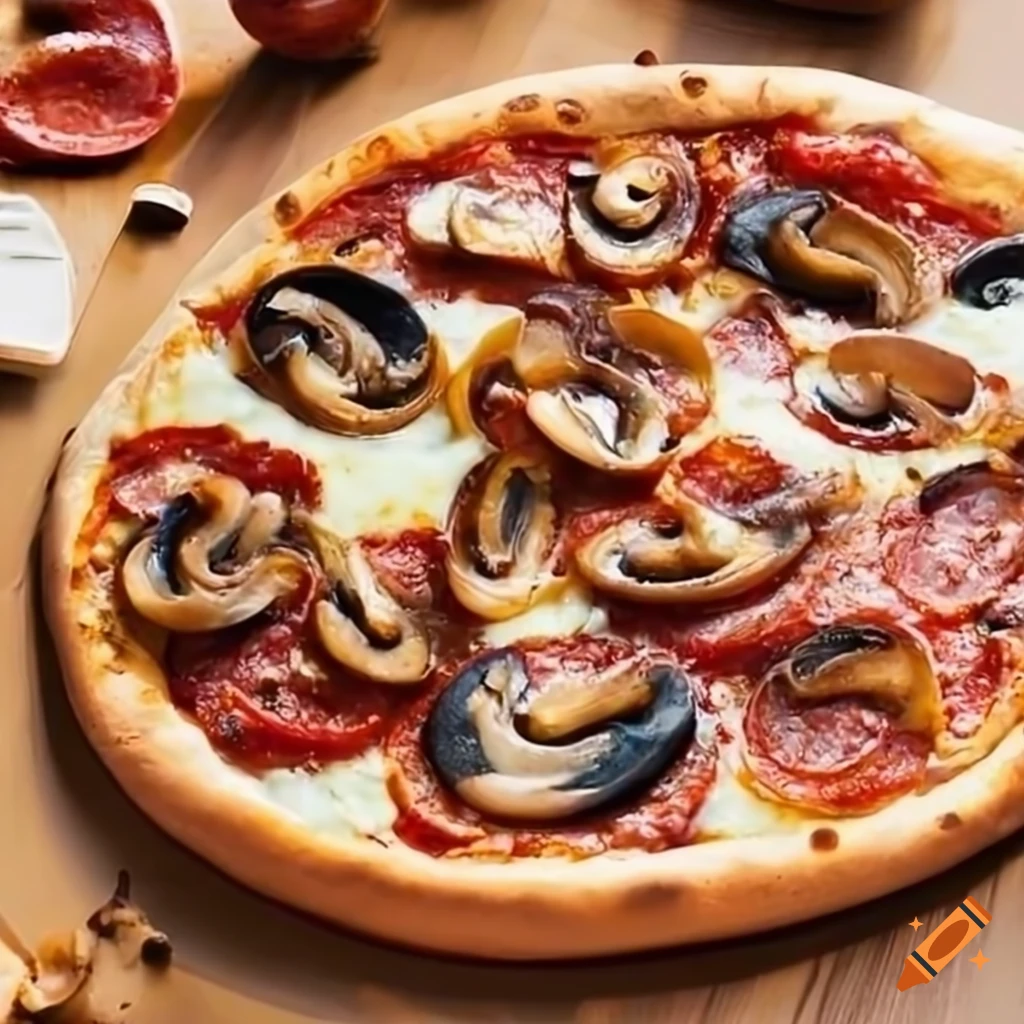 Pepperoni bacon mushroom olive pizza on Craiyon