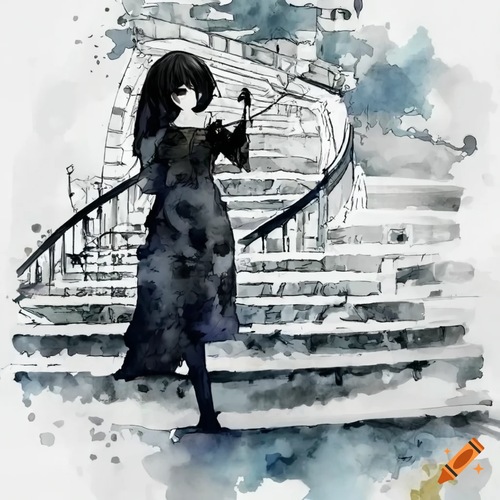 Woman walking down stairs in anime style