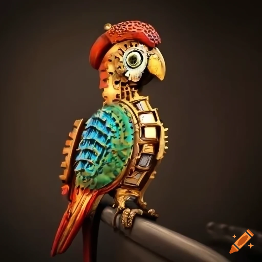 Steampunk parrot painted with vibrant colors on Craiyon