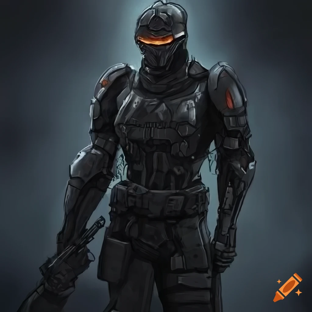 Sci-fi soldier in black armor holding a rifle in digital art on Craiyon