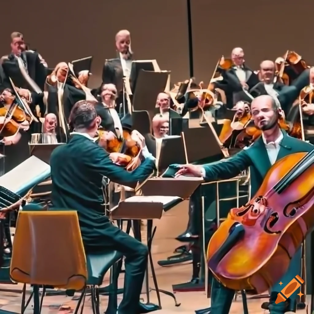 Orchestra conductor with symphony orchestra in modern concert hall