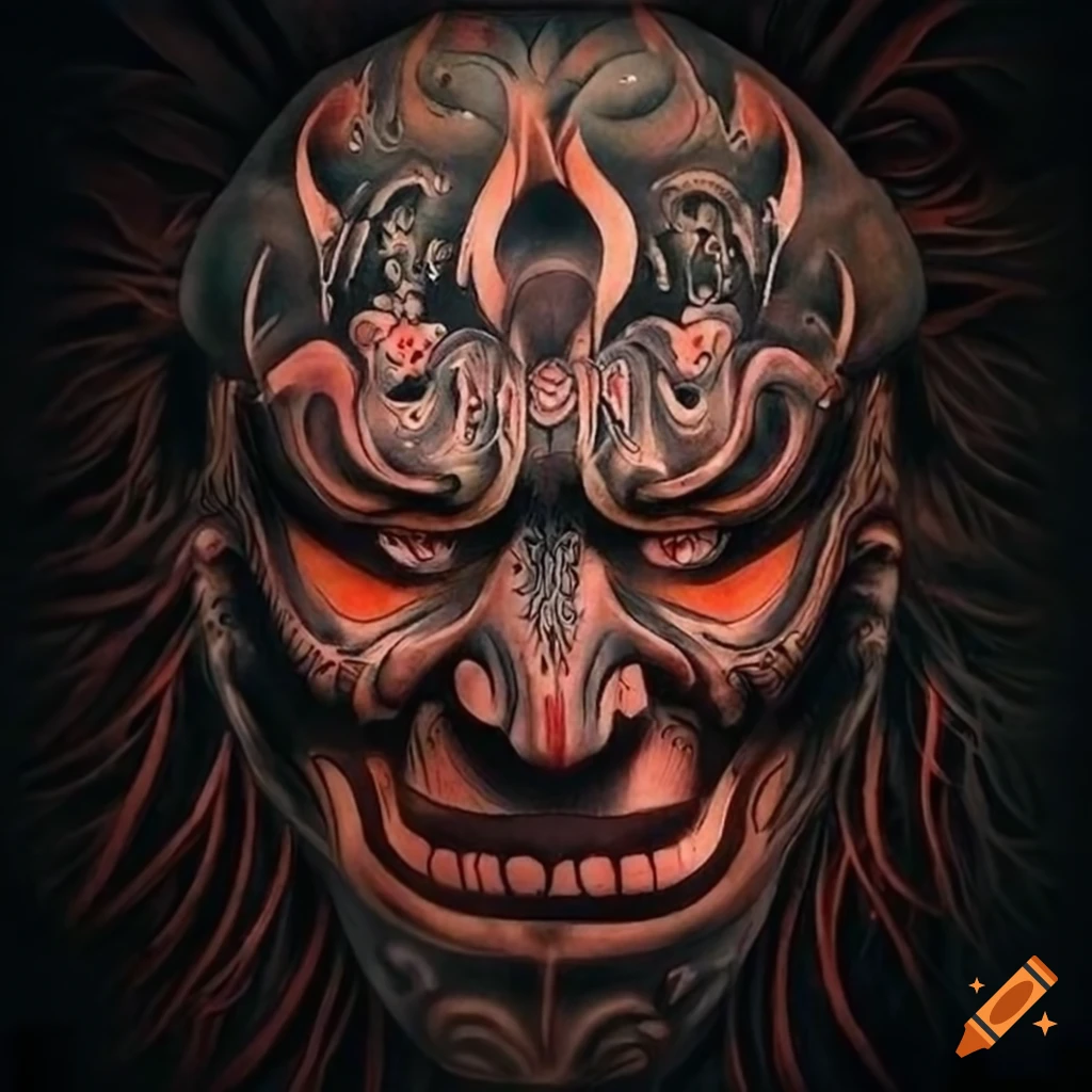 Japanese-inspired abstract art with intricate masks tattoo design on ...