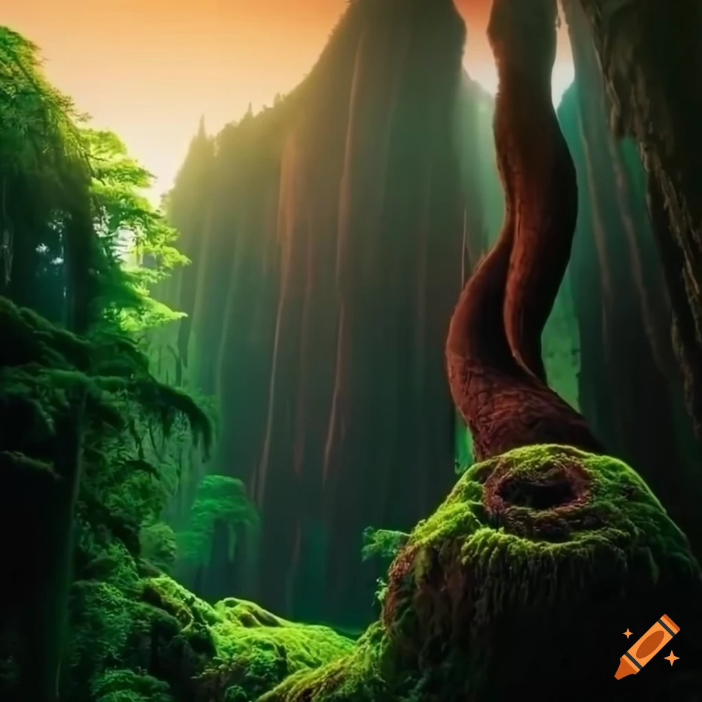 Biomorphic moss-covered tower trees in a fern forest with a magical ...