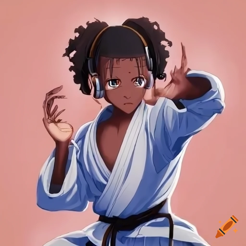 Black anime girl focused on karate training with headphones