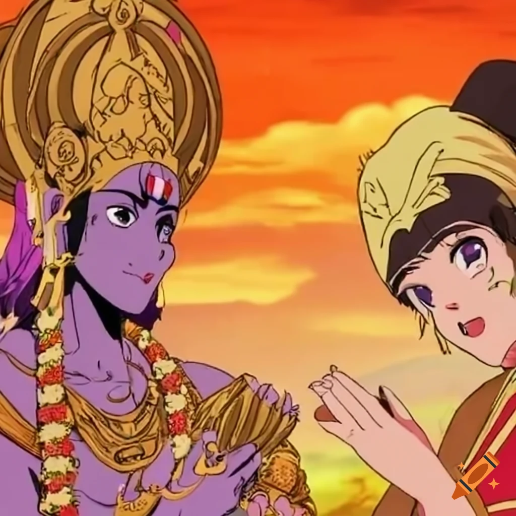 Sita and ram enjoying each other's company in an animated scene on Craiyon