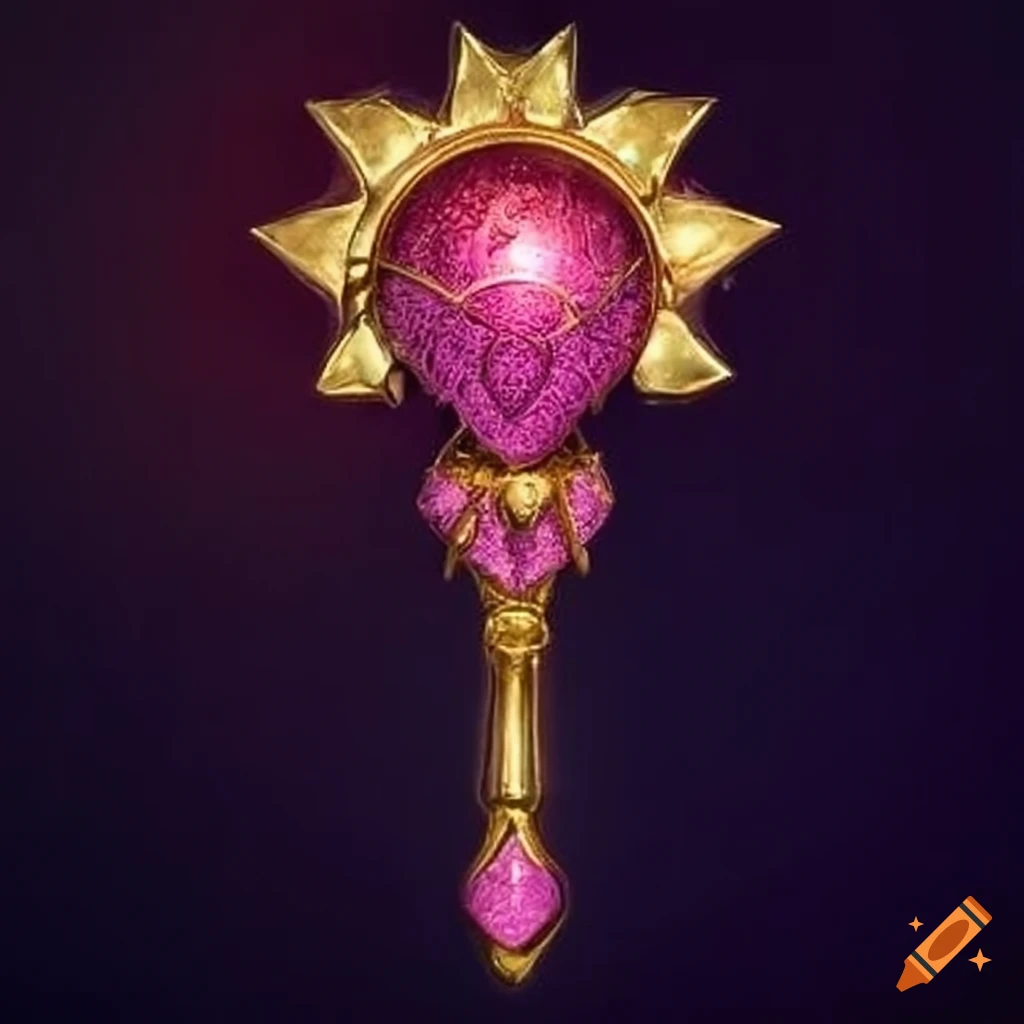 Pink and gold heartshaped mace emanating bright light from the sun god