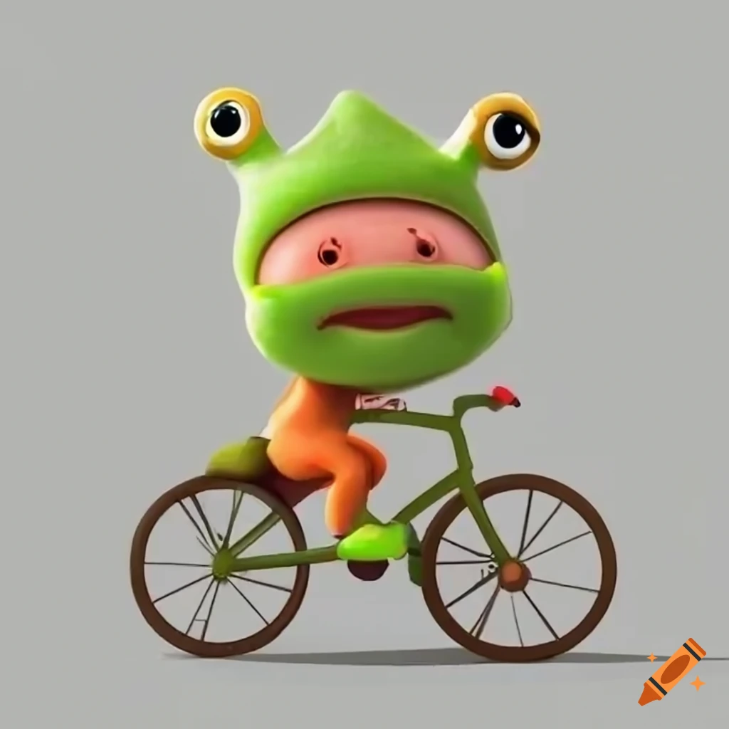 Cartoon pig in a frog hat riding a bike