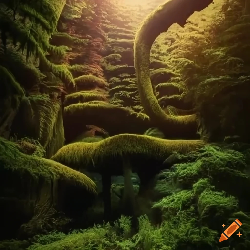 Biomorphic moss-covered tower trees in fern forest with a surreal magic ...