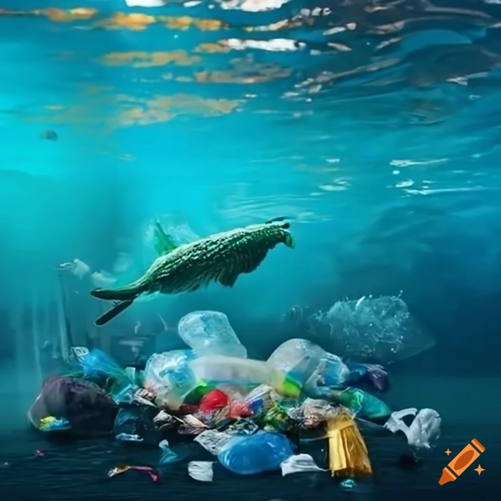 Aquaman ocean scene with plastic trash litter on Craiyon