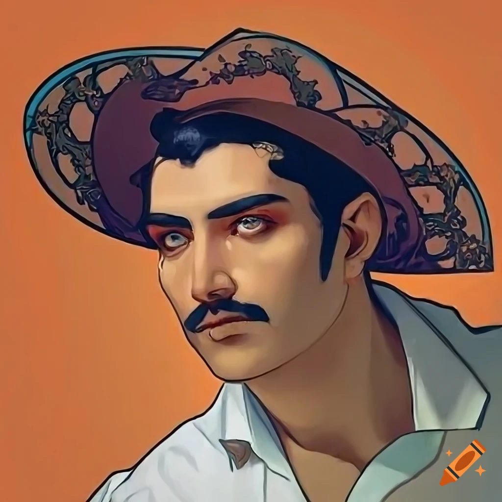 Portrait of a handsome 45-year-old Spanish man in a white shirt and cowboy hat in an Art Nouveau style by Alphonse
