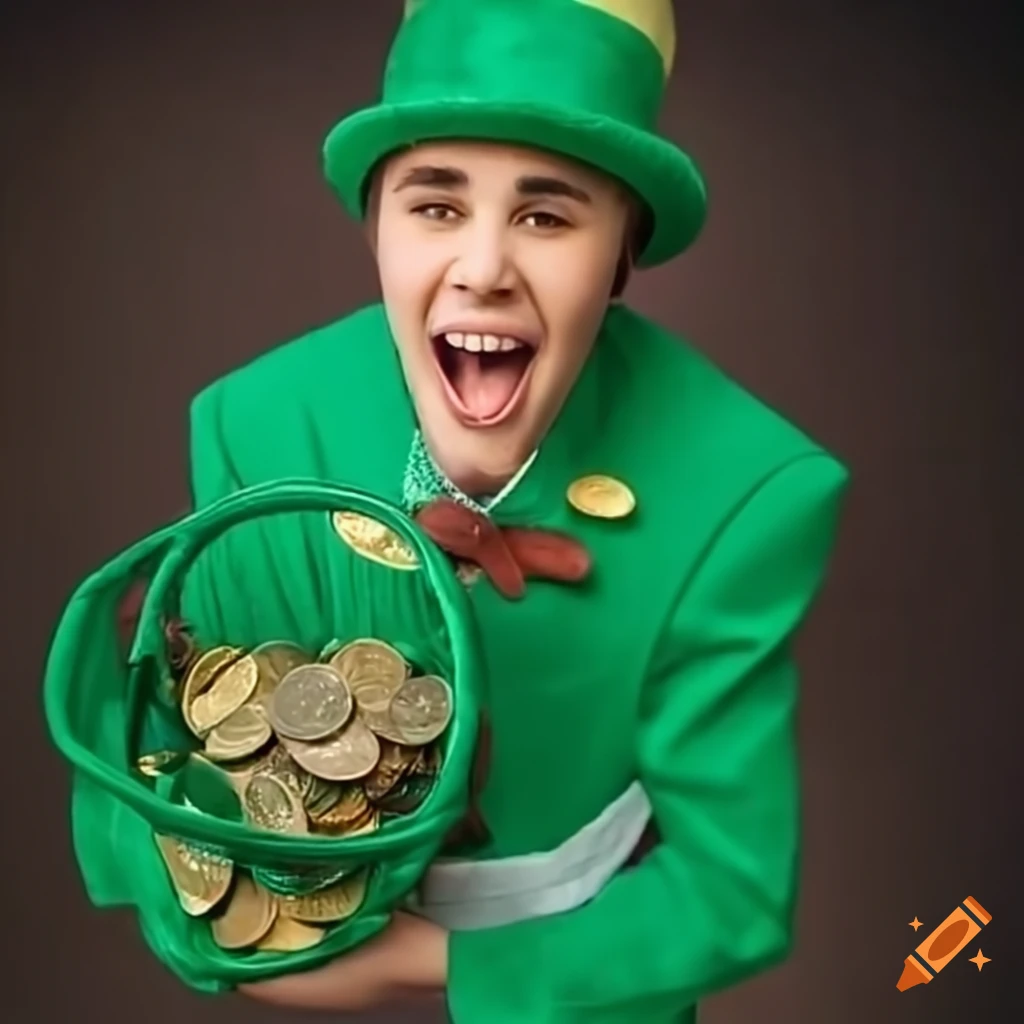 Justin Bieber dressed as a leprechaun with a joyful expression for St. Patrick's Day