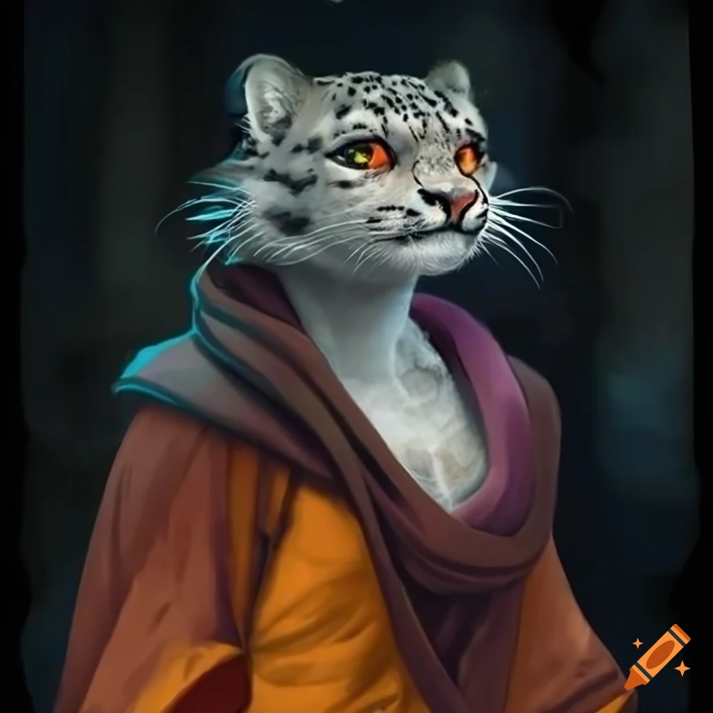 Female tabaxi monk with snow leopard markings and orange eyes
