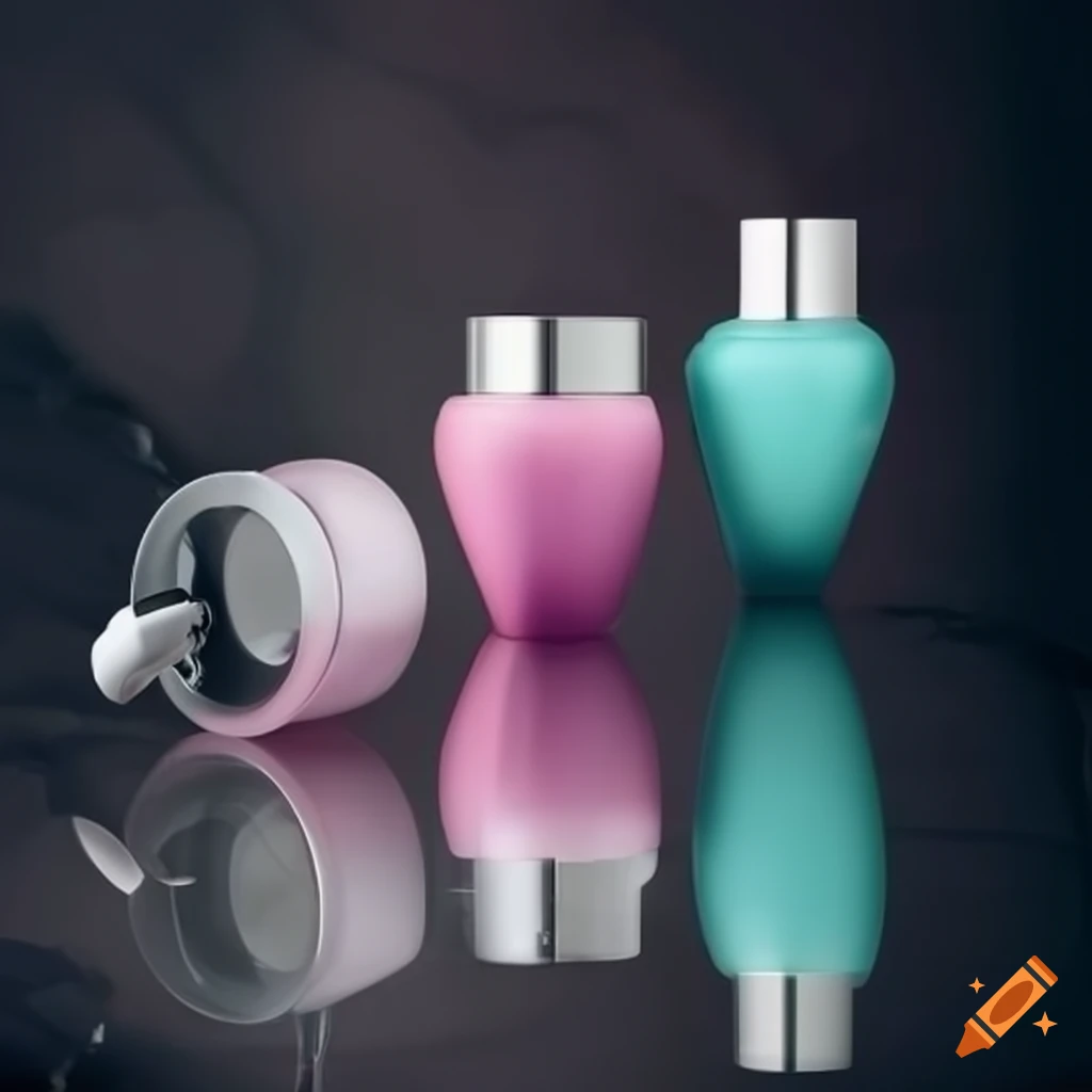 Multiple 3D skincare jars from 'Skinlove' on a marble table with reflections
