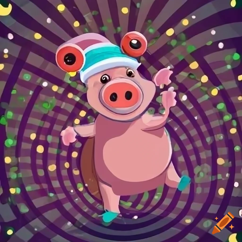Cartoon pig in frog-shaped winter hat dancing in disco
