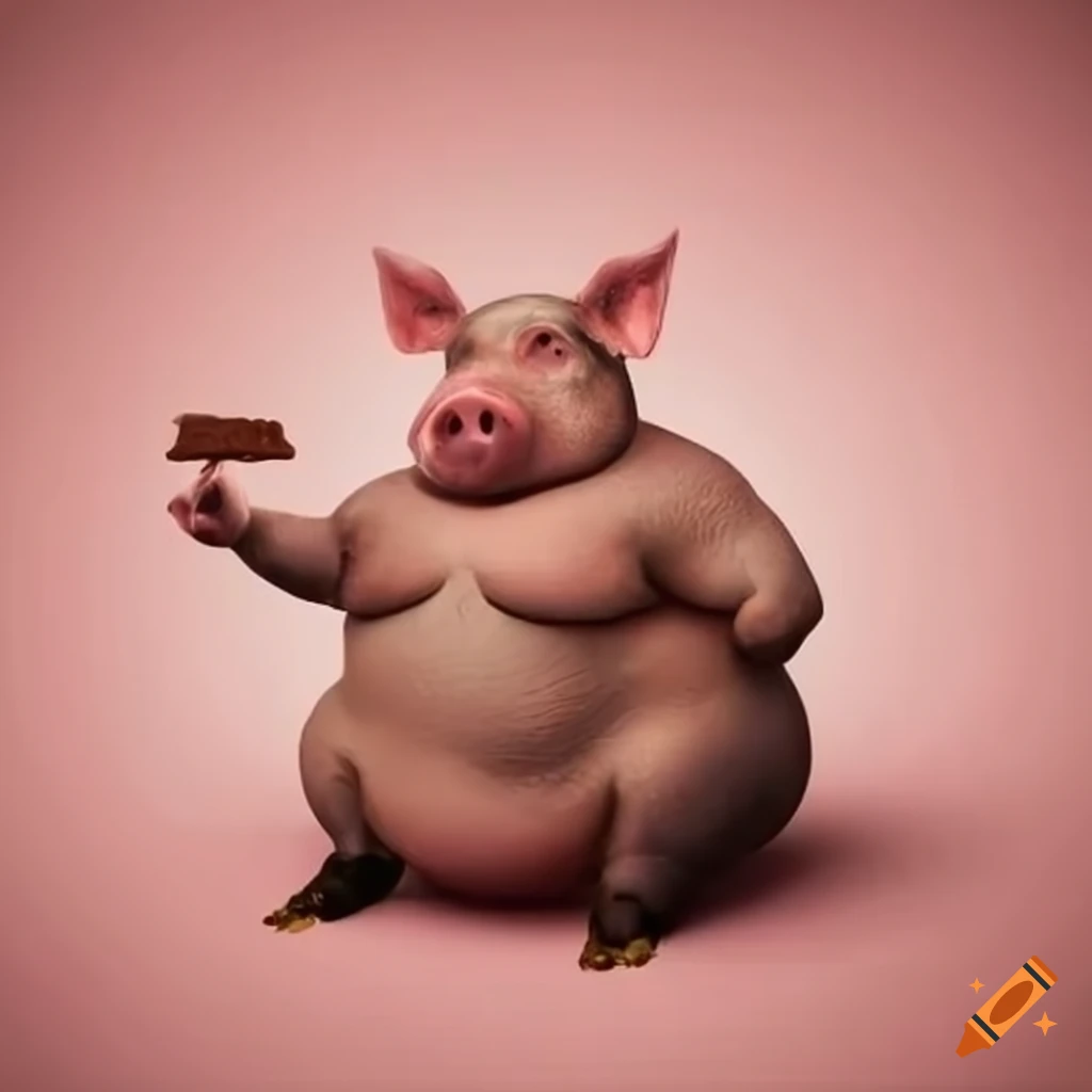 Fat pig enjoying chocolate and cold drinks