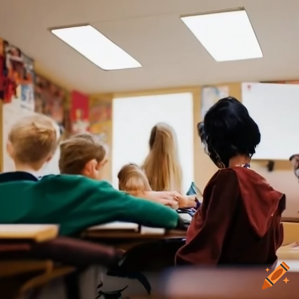 Adult students in a classroom comparing American English vs. British English on the board