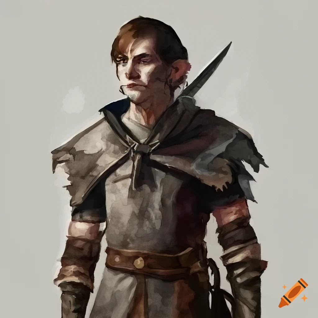 Realistic watercolor portrait of a 40-year-old half-elf rogue character with dark hair in medieval clothing