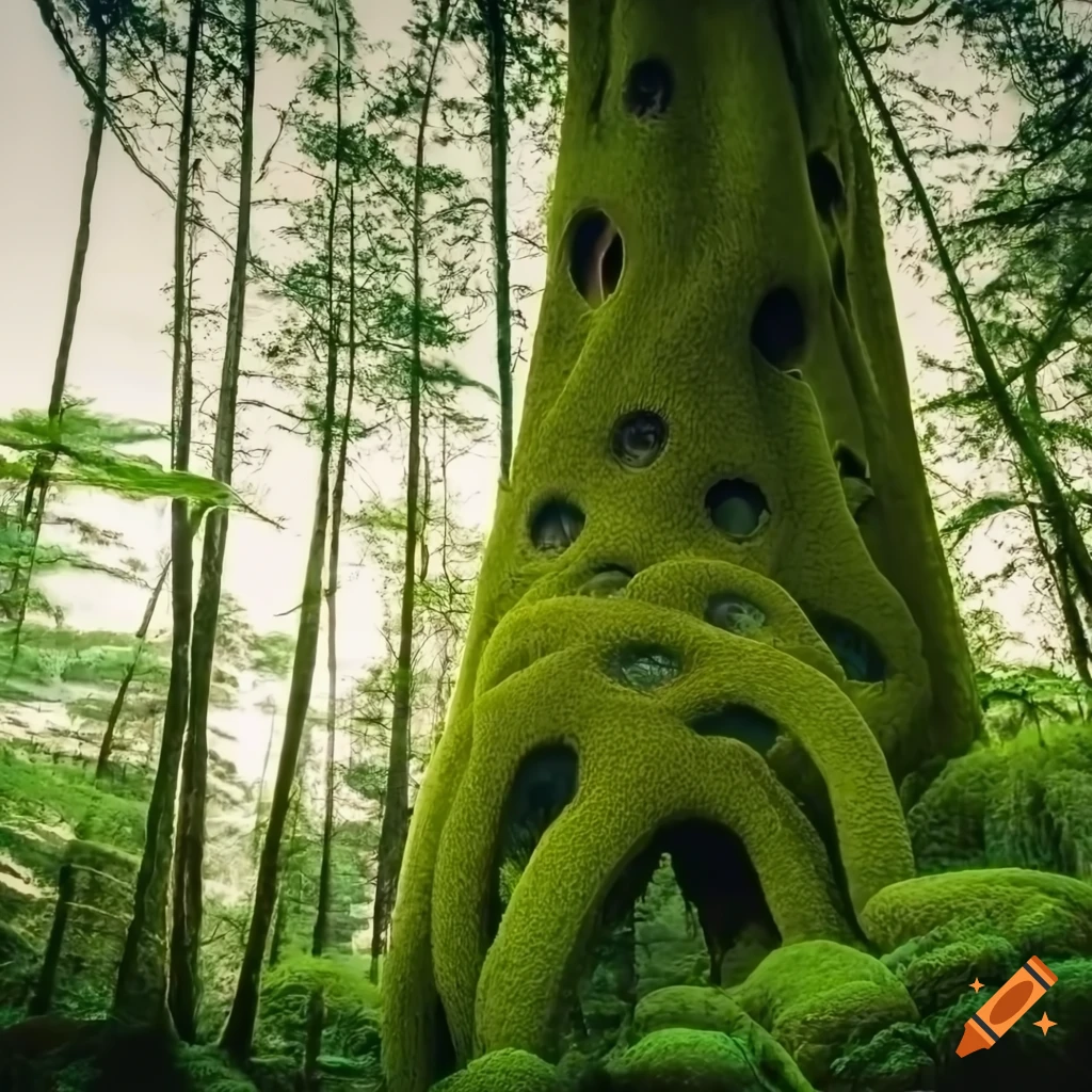 Biomorphic moss-covered tower trees in fern forest with copper and ...