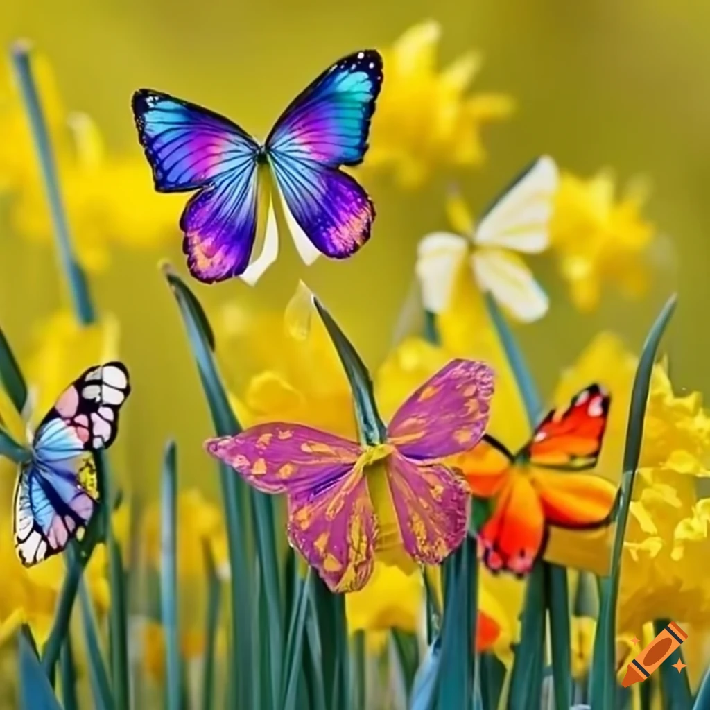 Yellow daffodils with multicolor butterflies fluttering around on Craiyon