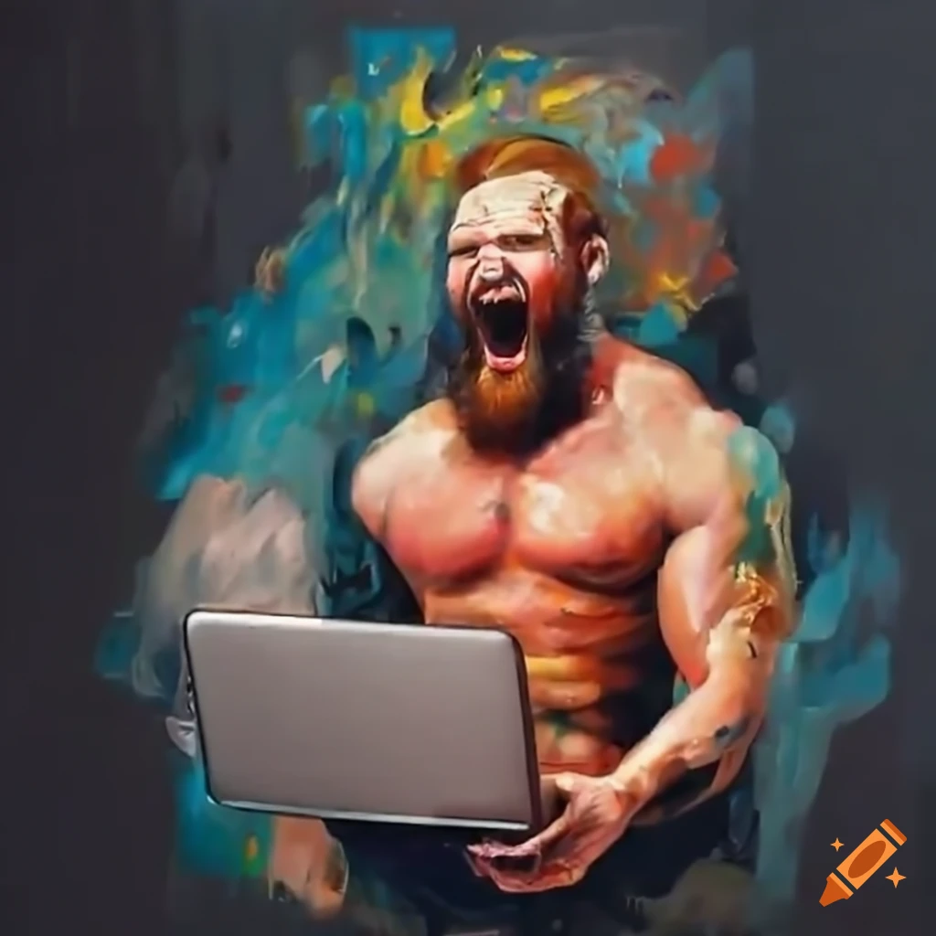 Male powerlifter with beard holding laptop and screaming on Craiyon