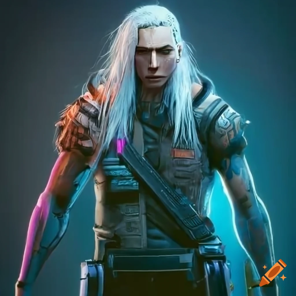 Man with long white hair holding an Ajax in a cyberpunk setting