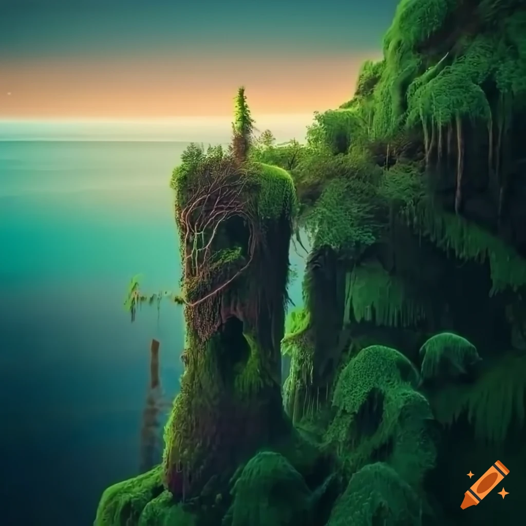 Biomorphic moss-covered tower trees in fern forest with a surreal magic ...