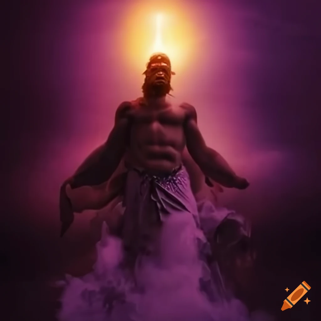 God Limbra descending from a purple and bright sky to meet his followers