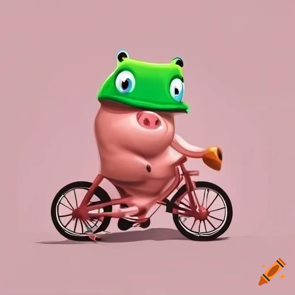 Cartoon pig in a frog hat riding a bike
