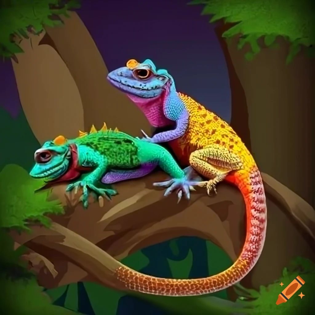 Colorful lizards in trees calling out to each other for the card game Evolution