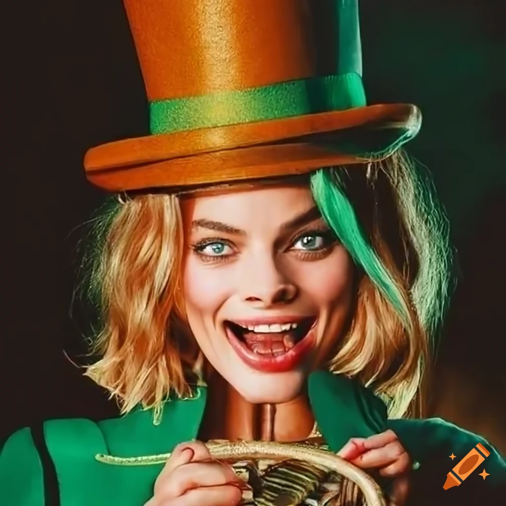 Margot Robbie dressed as a leprechaun with a basket of coins for St. Patrick's Day