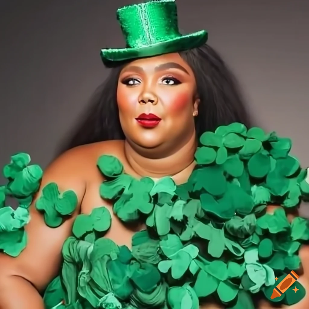 Close-up of Lizzo dressed as a joyful leprechaun covered in shamrocks