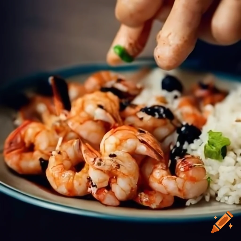 Marinated shrimp and rice with black sesame and soy sauce drops