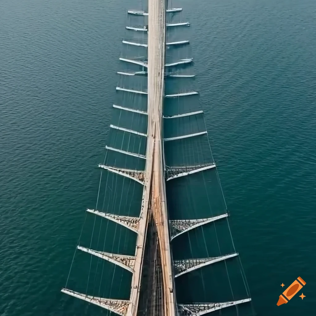 Aerial view of a large cable-stayed bridge with a boat passing under