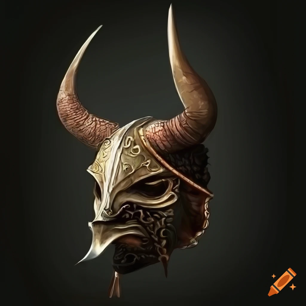 Steel spangenhelm with black-tipped aurochs horns in a magical fantasy style