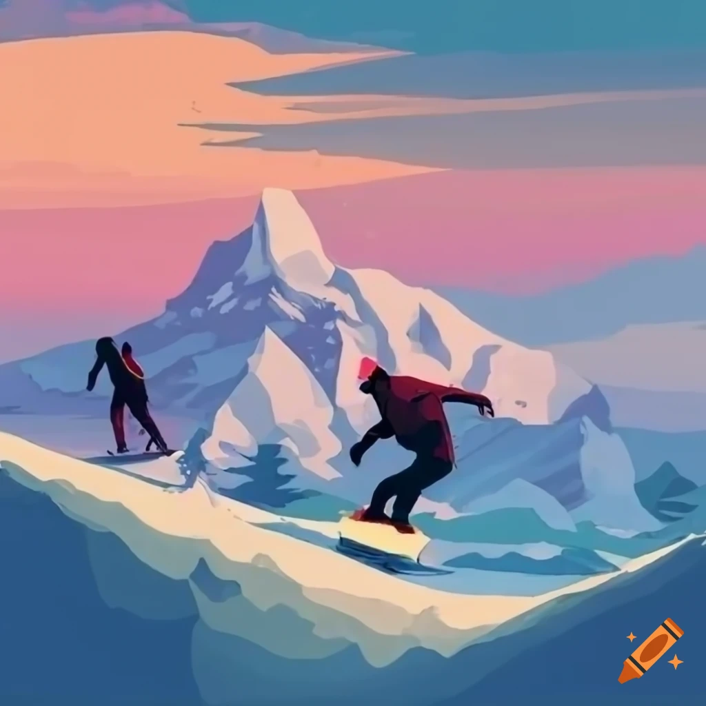 Snowboarding down a split mountain in magazine-style illustration
